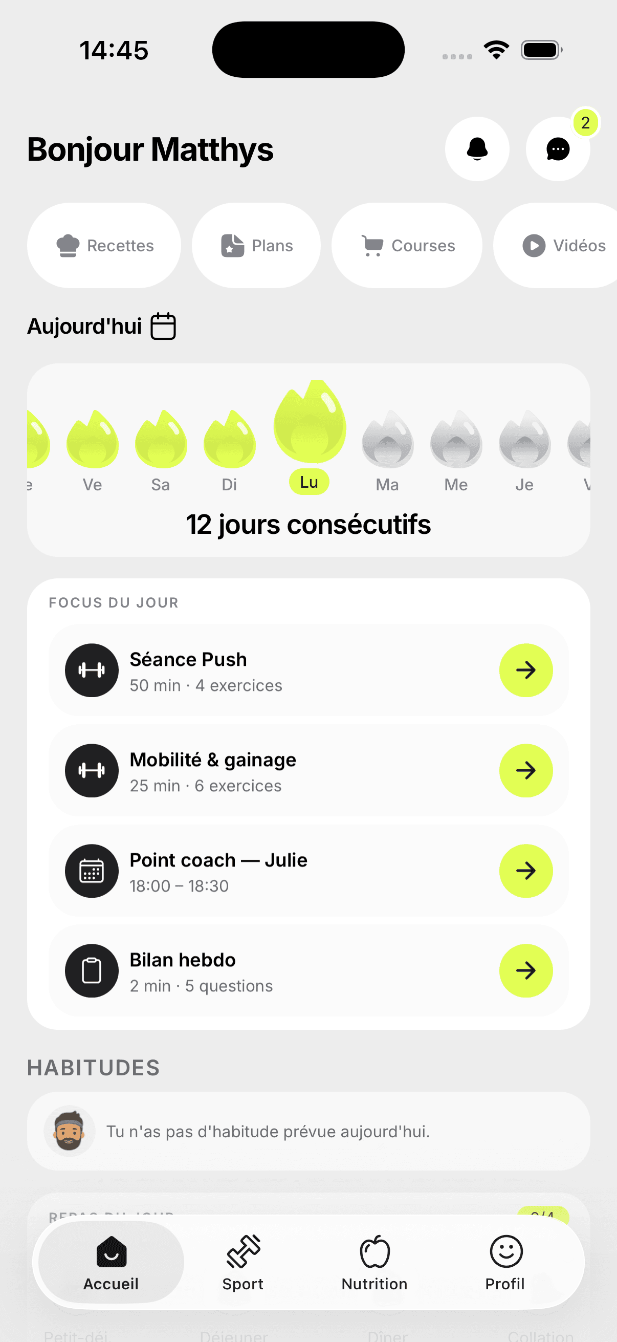 Ekklo: home screen with the streak and the day’s focus
