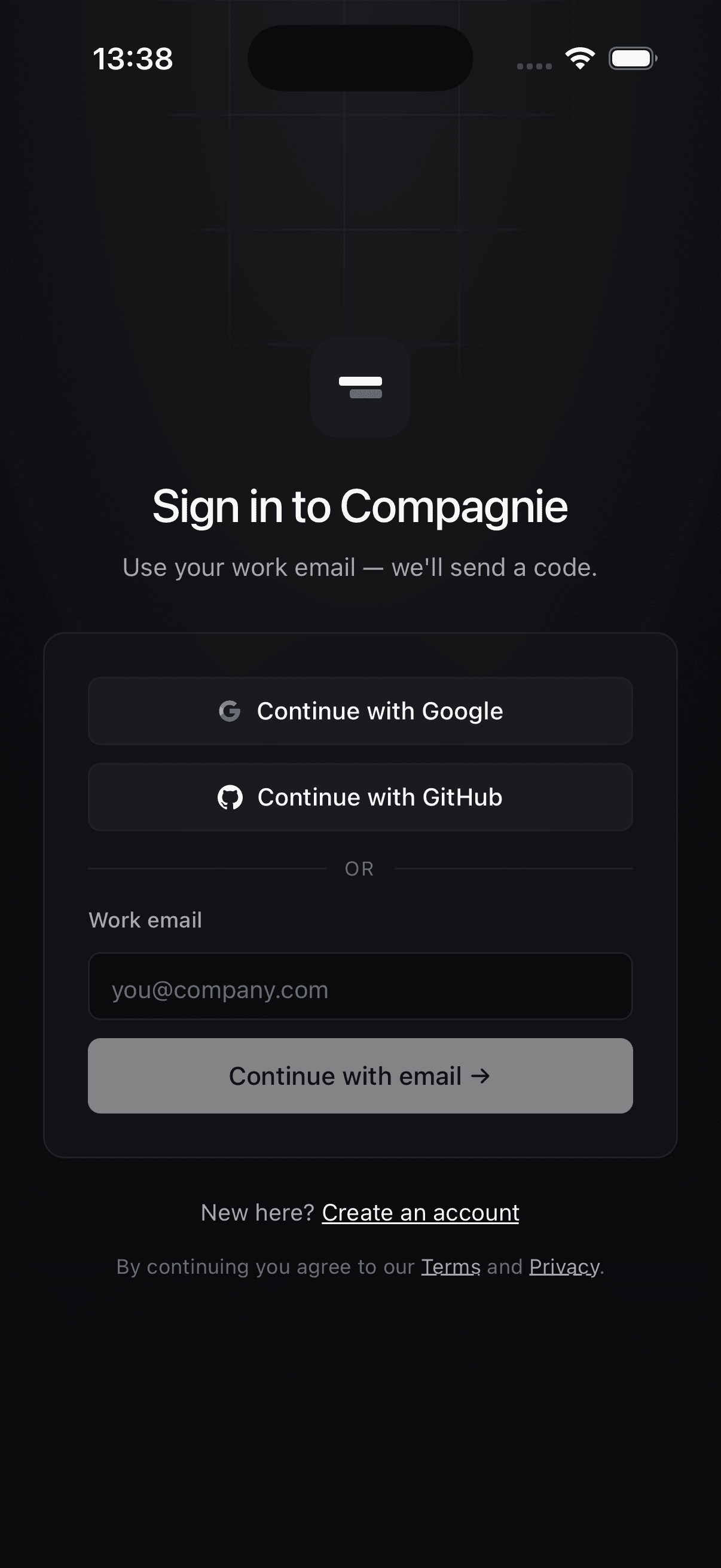 Compagnie: sign in with a work email, Google or GitHub